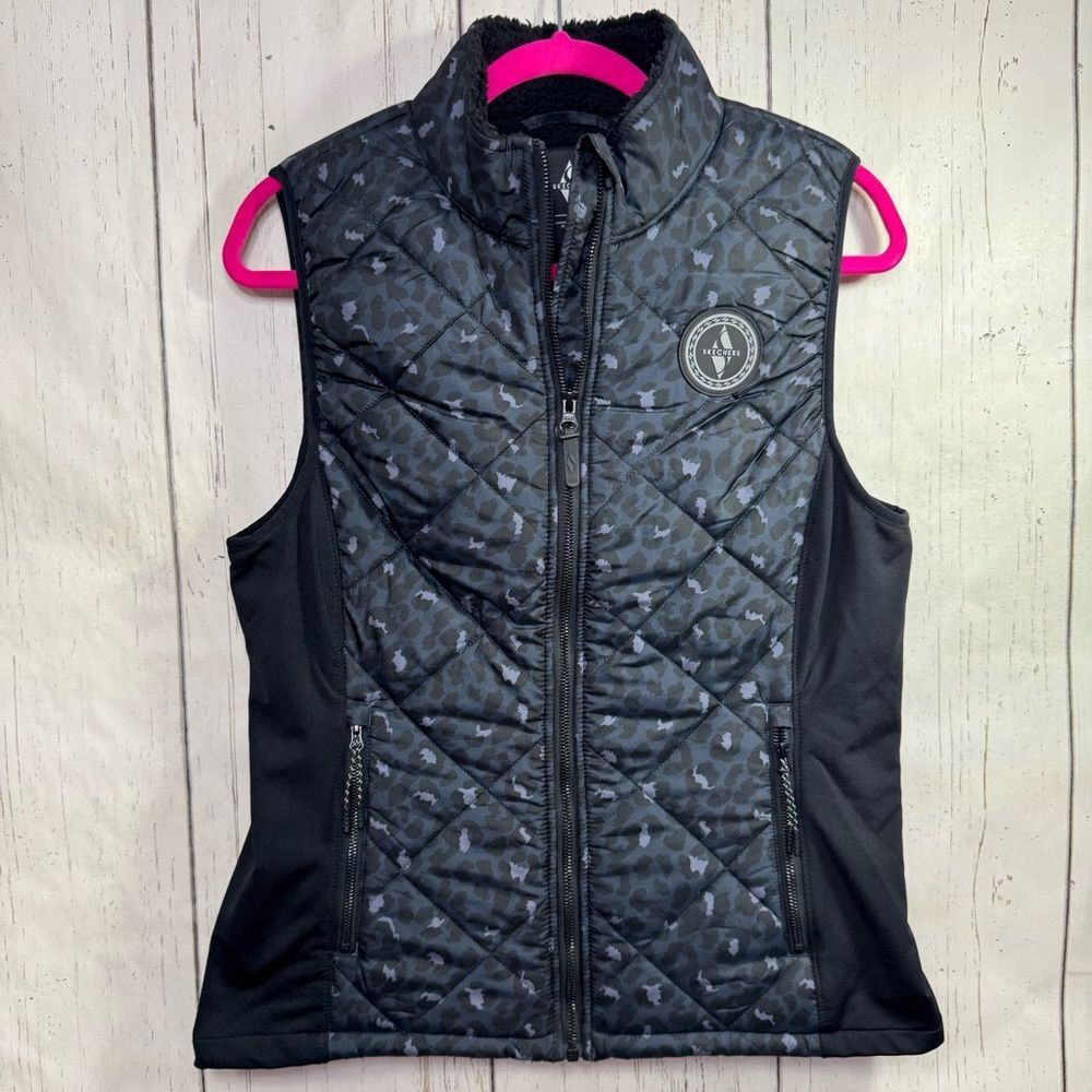 Skechers Quilted Leopard Print Zip Up Puffer Vest Sherpa Lined Streetwear Edgy